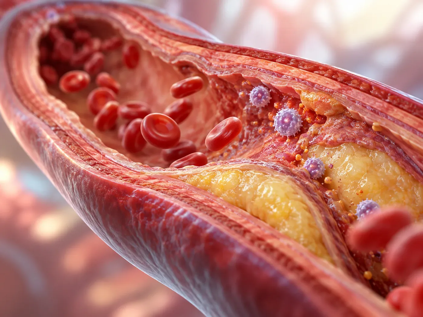 Sezione di un'arteria con una placca in formazione: il lume ristretto, il nucleo di grasso e il cappuccio fibroso