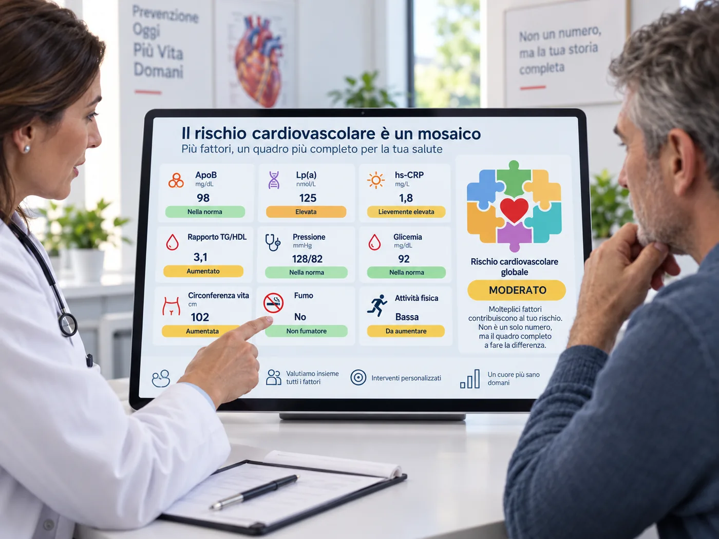 Schermo con il profilo di rischio cardiovascolare: ApoB, Lp(a), hs-CRP, rapporto trigliceridi/HDL, pressione, glicemia, circonferenza vita, fumo e attività fisica